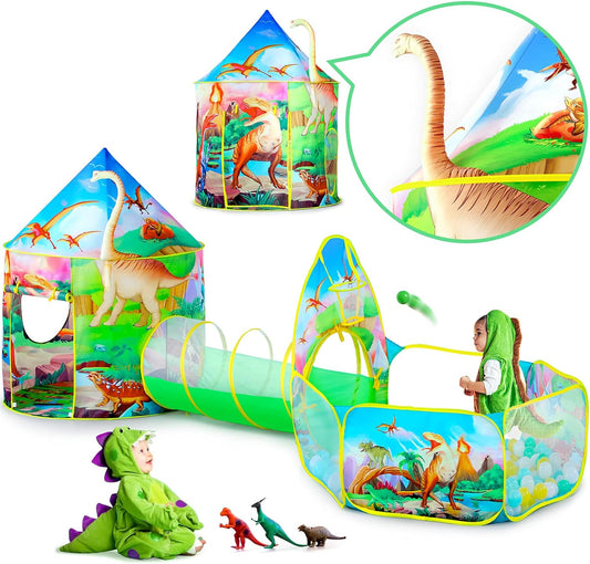 3PC Dinosaur Tent for Girls with Kids Ball Pit, Kids Play Tents and Crawl Tunnel for Toddlers, Pink Pop up Playhouse Toys for Baby Indoor& Outdoor Tent Games, Birthday Kid’S Gifts